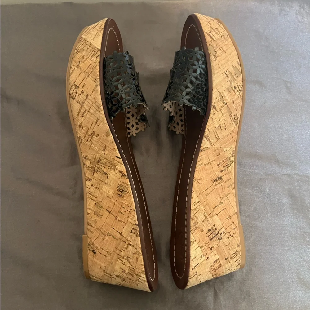 Tory Burch Black Floral Laser-Cut Cork Wedge Slide